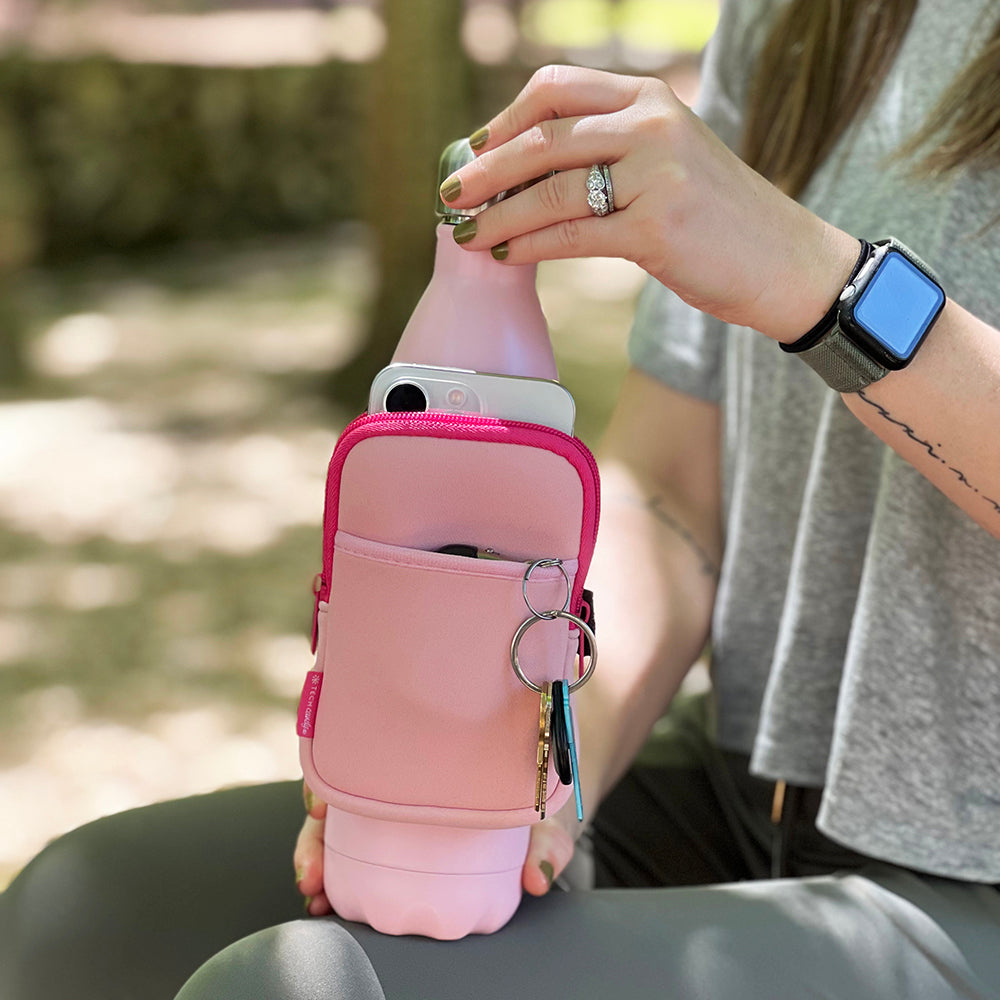 Perfect for your daily routine. Bottle Service holds your phone, keys, ID, and gym accessories. This water bottle sidecar can even replace your purse.