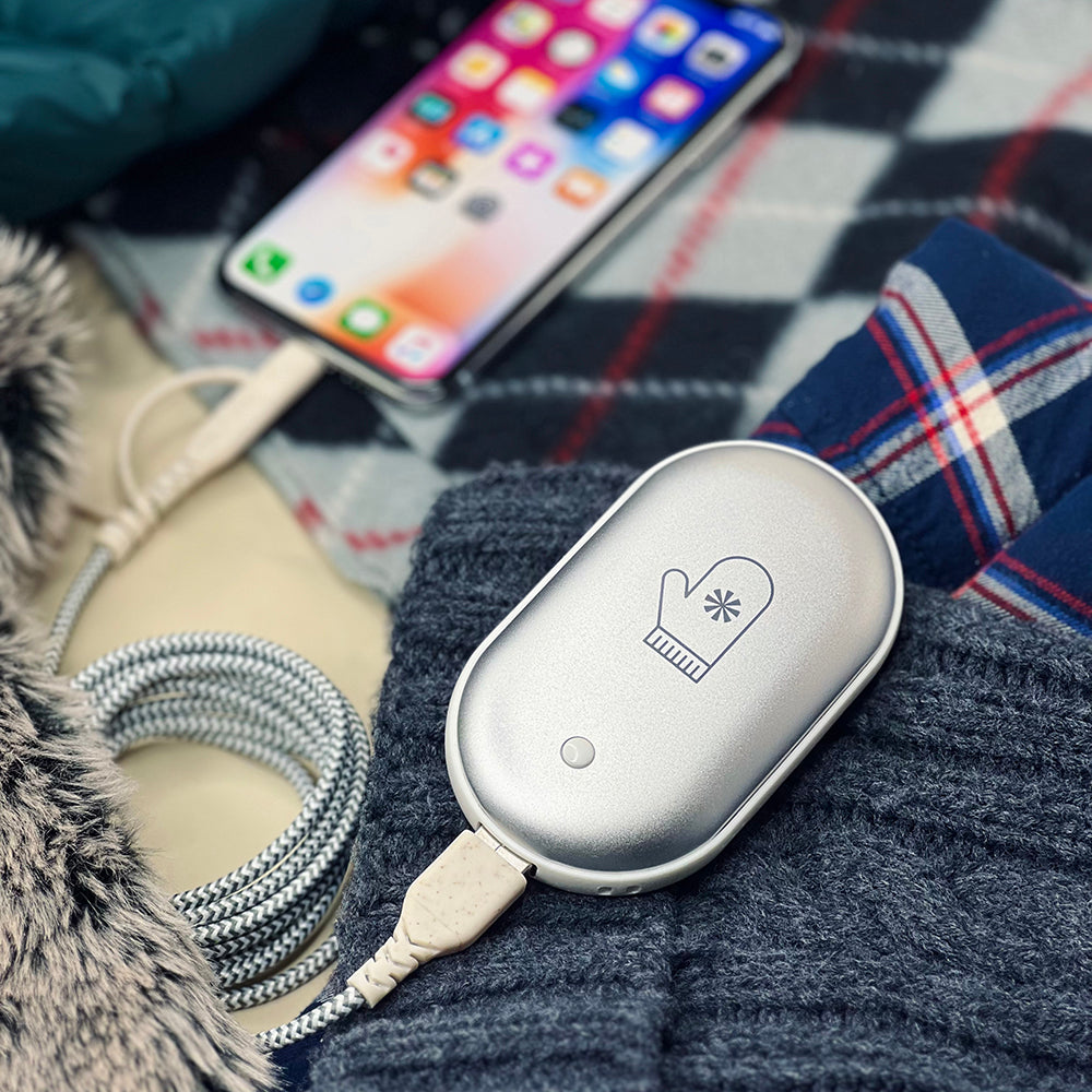 The Smitten With This eMitten is a hand warmer and also a charger for your phone! Just use the cord that came with your phone to plug the eMitten into your phone for emergency phone power.